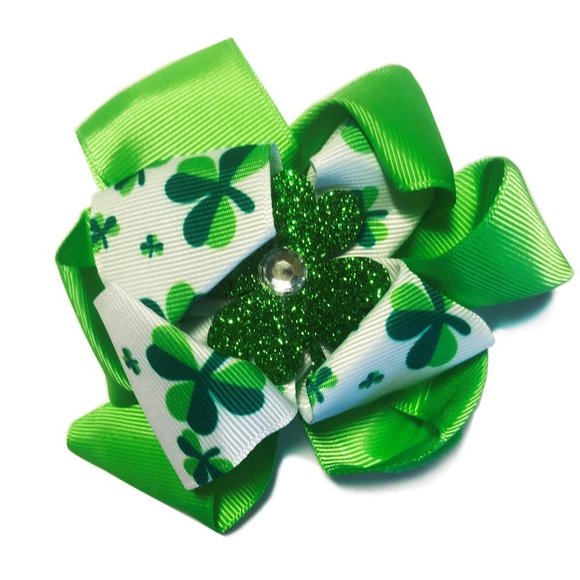 St. Patrick's Day Hair Bows Clips Irish Shamrock Clover Grosgrain Ribbon Pin - Picture 1 of 1